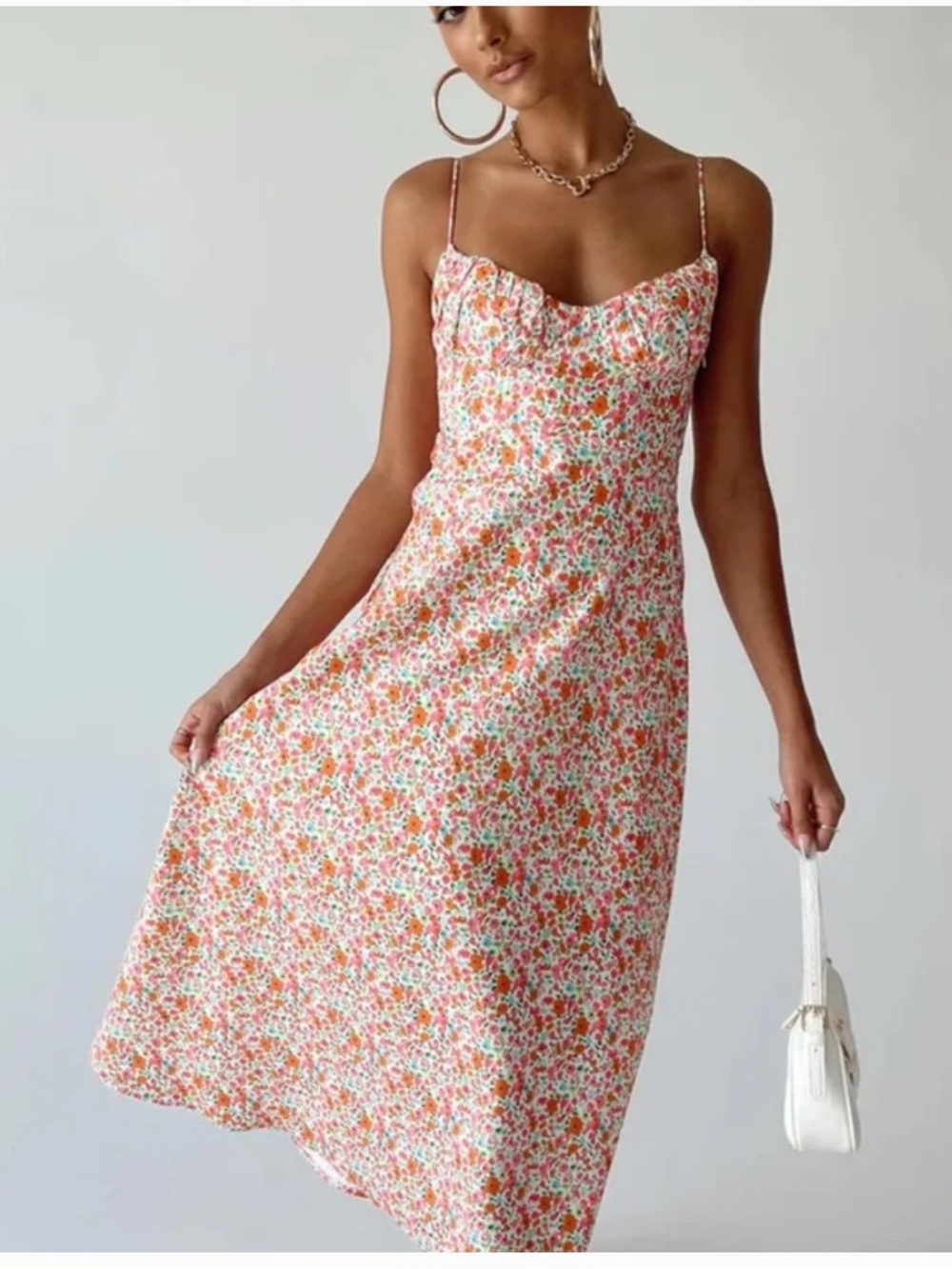Princess Polly Floral Slip Midi Dress in Cream, Pink & Orange
